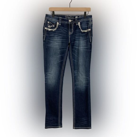 Miss Me Jeans Women’s 28 Blue Denim Signature Straight Rhinestone Embroidered - Picture 2 of 14